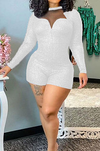 White Women Autumn Winter Sexy Spliced Mesh Spaghetti Tight Glittering Romper Shorts SFM67-3