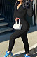 Black Women Solid Color Casual Long Sleeve Zipper Ribber Bodycon Jumpsuits AMW8329-1