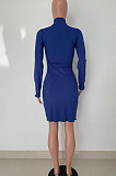 Dark Purple Women Pure Color Stand Collar Sexy Ribber Lace Long Sleeve Mini Dress AMW8332-2