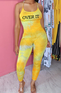 Yellow New Positioning Tie Dye Letter Printing Condole Belt Backless Bodycon Jumpsuits MLL119-2