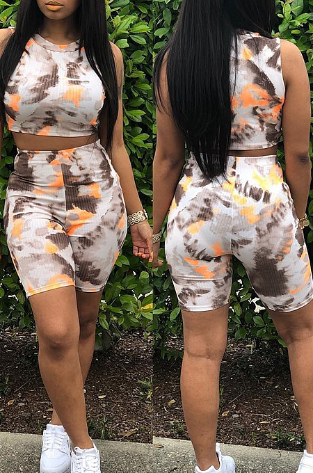Orange  Simplee Ribber Tie Dye Printing Sleeveless O Collar Shorts Casual Two-Piece U7073-2