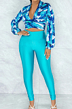 Cyan Green Wholesal Women Digital Printing Long Sleeve Deep V Collar Bandage Crop Top High Waist Bodycon Pants Casual Two-Piece SMR10517-2