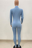 Black Women Solid Color Casual Long Sleeve Zipper Ribber Bodycon Jumpsuits AMW8329-1