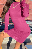 Blue Women Pure Color Stand Collar Sexy Ribber Lace Long Sleeve Mini Dress AMW8332-4