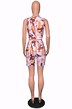 Orange  Simplee Ribber Tie Dye Printing Sleeveless O Collar Shorts Casual Two-Piece U7073-2