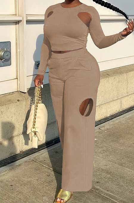 Red Wholesal Long Sleeve Round Collar Crop Top Mid Waist Loose Shift Pants Hollow Out Solid Color Two-Piece WM21721-2