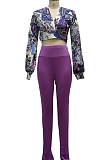 Cyan Green Wholesal Women Digital Printing Long Sleeve Deep V Collar Bandage Crop Top High Waist Bodycon Pants Casual Two-Piece SMR10517-2