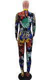 Yellow Euramerican Printing Long Sleeve Stand Collar Zipper Collcet Waist  Bodycon Jumpsuits HHM6359-2