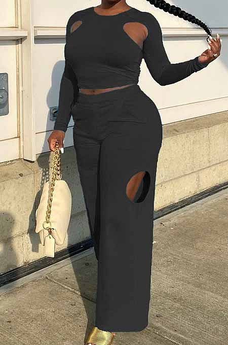 Khaki Wholesal Long Sleeve Round Collar Crop Top Mid Waist Loose Shift Pants Hollow Out Solid Color Two-Piece WM21721-1