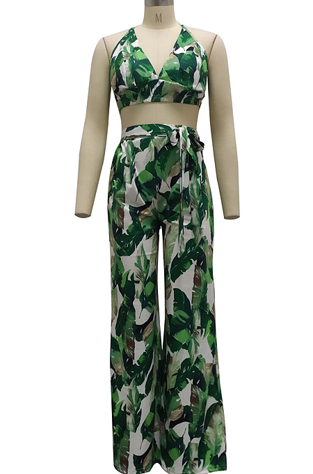 Blue Sexy Digital Printing Spliced Halter Neck V Collar Strapless Bandage High Waist Wide Leg Pants Two-Piece SMR10528-2
