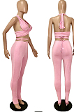 Pink New Summer Halter Neck Backless Strapless Bandage Bodycon Pants Solid Color Two-Piece YNS1653-3