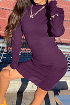 Dark Purple Women Pure Color Stand Collar Sexy Ribber Lace Long Sleeve Mini Dress AMW8332-2