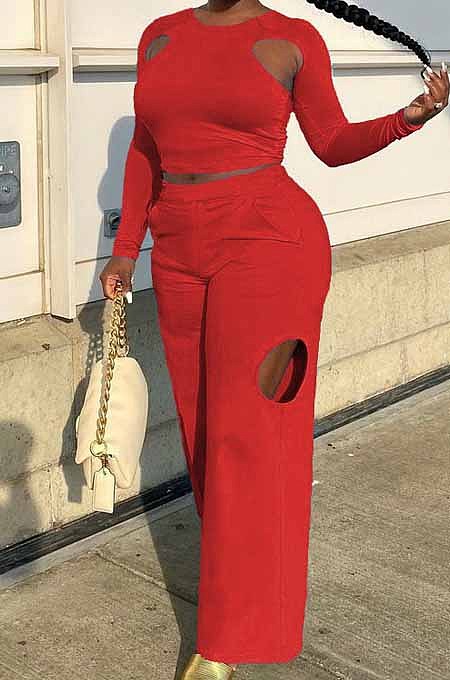 Blue Wholesal Long Sleeve Round Collar Crop Top Mid Waist Loose Shift Pants Hollow Out Solid Color Two-Piece WM21721-5