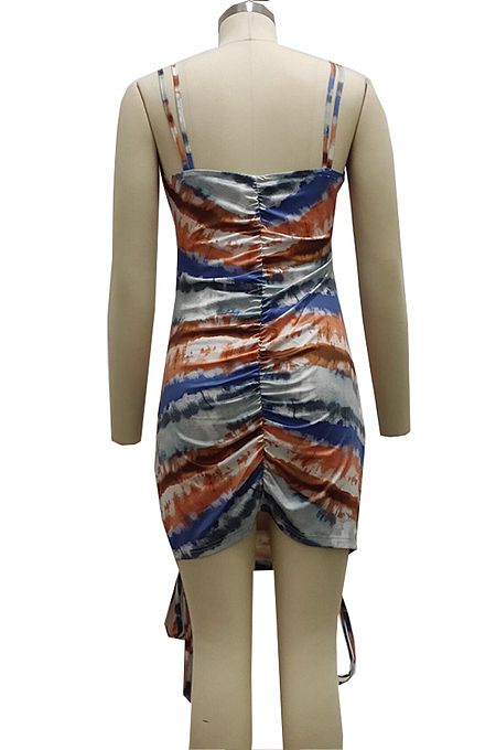 Orange Multicolor Tid Dye Printing Condole Belt Straless Ruffle Drawsting Sexy Hip Dress SMR10538-2