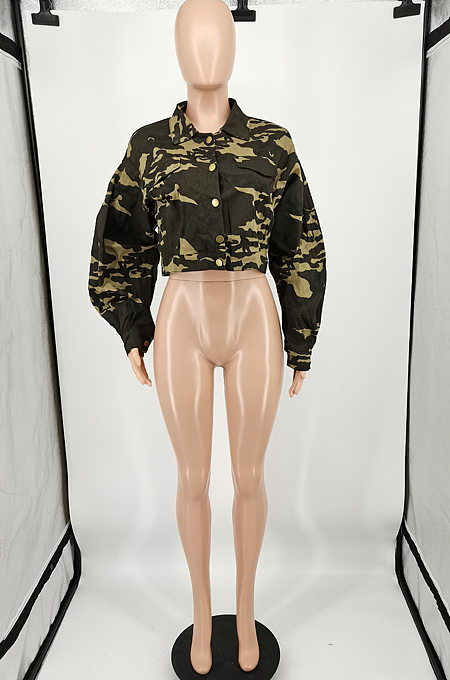 Euramrican Women Camouflage Weaving Cloth Single-Breasted Long Sleeve Coat YM212 
