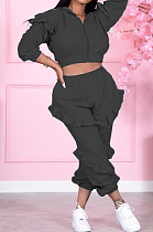 Black Cotton Blend Long Sleeve Zippet Hoodie Elasticband Pants Flounce Solid Color Sport Sets MN8333-3