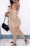 Rose Red Sexy Pure Color A Word Shoulder Long Sleeve Strapless Bodycon Pencil Pants Two-Piece MN8379-1