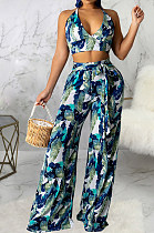 Blue Sexy Digital Printing Spliced Halter Neck V Collar Strapless Bandage High Waist Wide Leg Pants Two-Piece SMR10528-2
