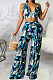 Blue Sexy Digital Printing Spliced Halter Neck V Collar Strapless Bandage High Waist Wide Leg Pants Two-Piece SMR10528-2