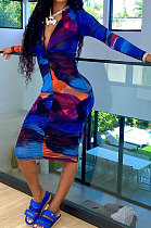 Multicolor Women Casual V Neck Zipper Ruffle Printing Long Sleeve Midi Dress AMW8335
