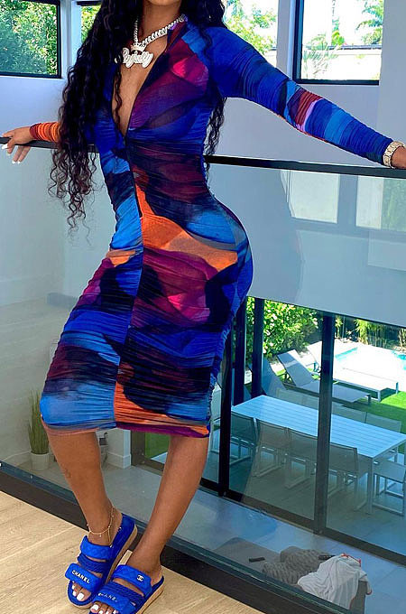 Multicolor Women Casual V Neck Zipper Ruffle Printing Long Sleeve Midi Dress AMW8335