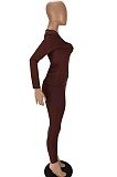 Rose Red Autumn And Winter Long Sleeve Low-Cut Top Bodycon Pants Slim Fitting Pure Color Two-Piece MN8380-1