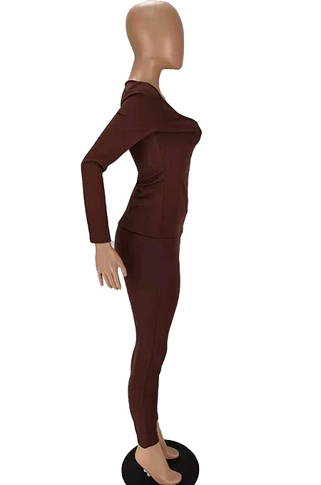 Rose Red Autumn And Winter Long Sleeve Low-Cut Top Bodycon Pants Slim Fitting Pure Color Two-Piece MN8380-1