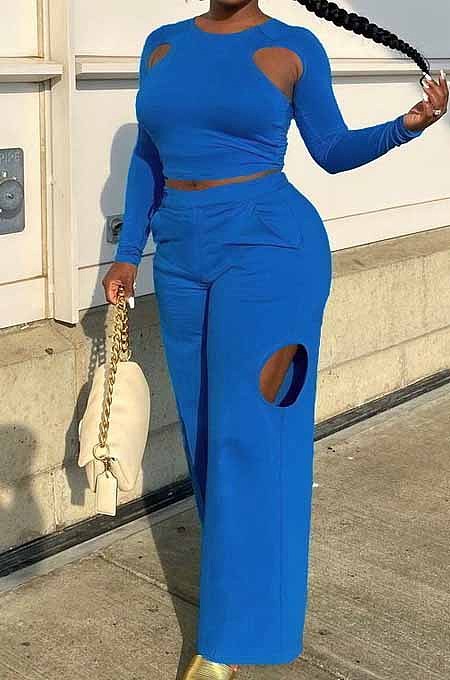 Blue Wholesal Long Sleeve Round Collar Crop Top Mid Waist Loose Shift Pants Hollow Out Solid Color Two-Piece WM21721-5
