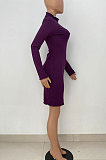 Blue Women Pure Color Stand Collar Sexy Ribber Lace Long Sleeve Mini Dress AMW8332-4