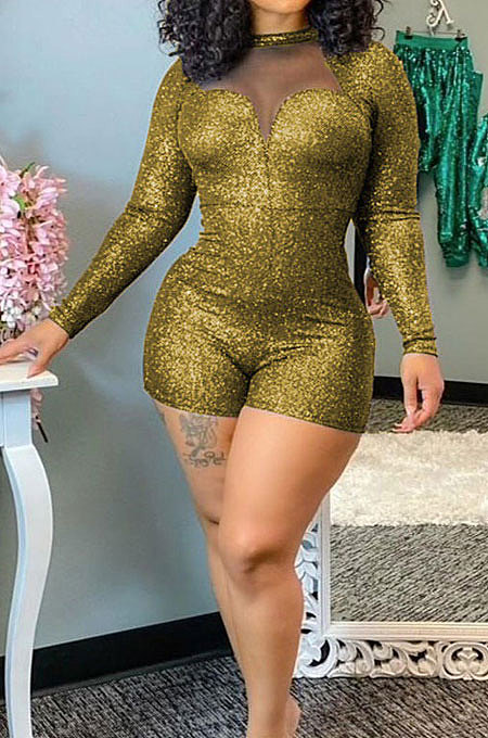 Golden Women Autumn Winter Sexy Spliced Mesh Spaghetti Tight Glittering Romper Shorts SFM67-7