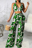 Army Green Sexy Digital Printing Spliced Halter Neck V Collar Strapless Bandage High Waist Wide Leg Pants Two-Piece SMR10528-3
