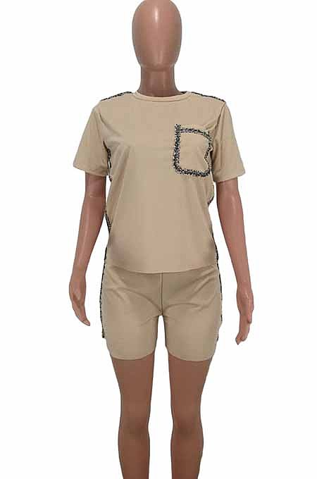 Light Blue Summer Short Sleeve Round Neck T-Shirt Shorts Gold Line Casual Two-Piece HHM6305-2