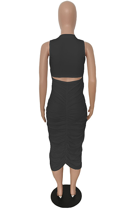 Black Simple Pure Color Sleeveless Round Collar Back Hollow Out Ruffle Slim Fitting Bodycon Dress MLL121-2