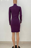 Blue Women Pure Color Stand Collar Sexy Ribber Lace Long Sleeve Mini Dress AMW8332-4