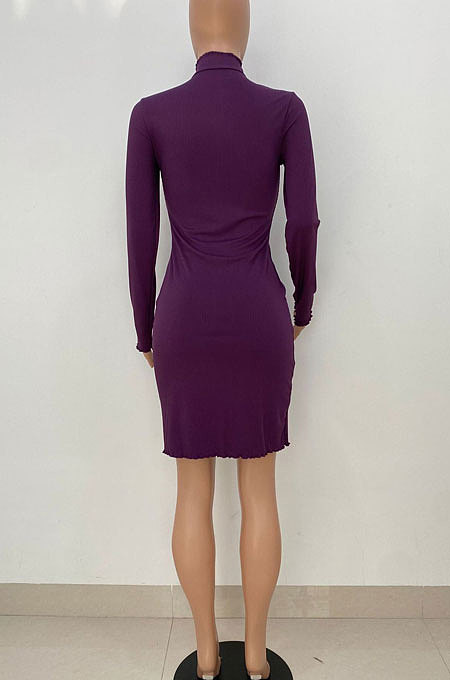 Blue Women Pure Color Stand Collar Sexy Ribber Lace Long Sleeve Mini Dress AMW8332-4