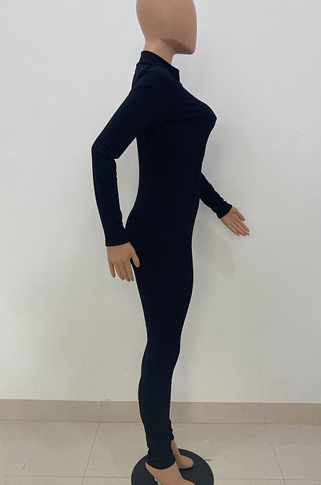 Light Blue Women Solid Color Casual Long Sleeve Zipper Ribber Bodycon Jumpsuits AMW8329-2