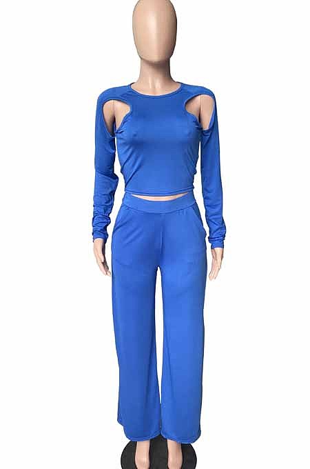 Khaki Wholesal Long Sleeve Round Collar Crop Top Mid Waist Loose Shift Pants Hollow Out Solid Color Two-Piece WM21721-1