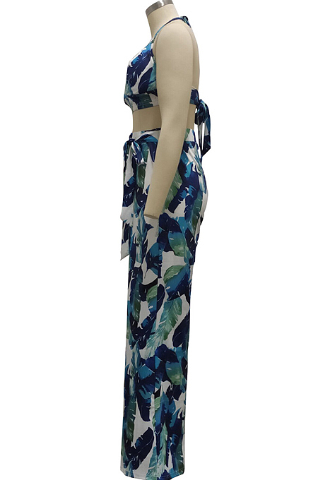 Green Sexy Digital Printing Spliced Halter Neck V Collar Strapless Bandage High Waist Wide Leg Pants Two-Piece SMR10528-1