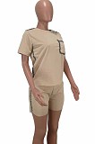 White Summer Short Sleeve Round Neck T-Shirt Shorts Gold Line Casual Two-Piece HHM6305-1