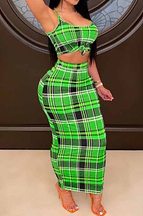 Green Wholesal Sexy Plaid Printing Condole Belt Strapless High Waist Bodycon Long Skirts Slim Fitting Two-Piece HHM6335-3