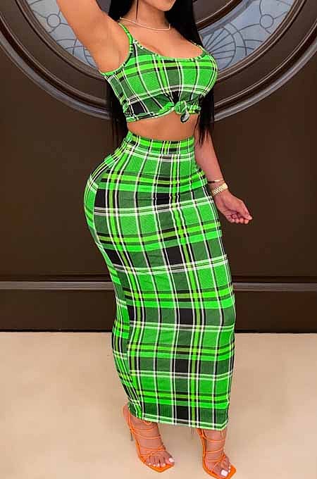 Green Wholesal Sexy Plaid Printing Condole Belt Strapless High Waist Bodycon Long Skirts Slim Fitting Two-Piece HHM6335-3