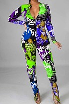 Green Euramerican Printing Long Sleeve Stand Collar Zipper Collcet Waist  Bodycon Jumpsuits HHM6359-1