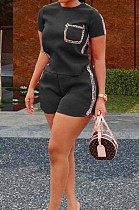 Black Summer Short Sleeve Round Neck T-Shirt Shorts Gold Line Casual Two-Piece HHM6305-4