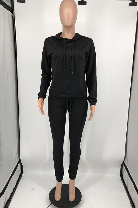 Blue Casual Cotton Blend Long Sleeve With Pocket Hoodie Pants Solid Color Sport Sets YM213-4
