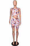 Rose Red Simplee Ribber Tie Dye Printing Sleeveless O Collar Shorts Casual Two-Piece U7073-1