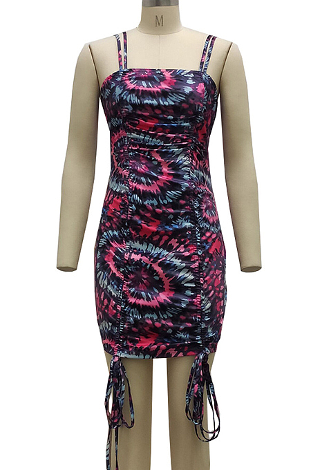 Multicolor Tid Dye Printing Condole Belt Straless Ruffle Drawsting Sexy Hip Dress SMR10538-1