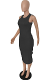 Black Simple Pure Color Sleeveless Round Collar Back Hollow Out Ruffle Slim Fitting Bodycon Dress MLL121-2