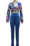 Cyan Green Wholesal Women Digital Printing Long Sleeve Deep V Collar Bandage Crop Top High Waist Bodycon Pants Casual Two-Piece SMR10517-2