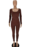 Coffee Autumn And Winter Long Sleeve Low-Cut Top Bodycon Pants Slim Fitting Pure Color Two-Piece MN8380-3