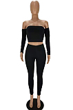 Rose Red Sexy Pure Color A Word Shoulder Long Sleeve Strapless Bodycon Pencil Pants Two-Piece MN8379-1